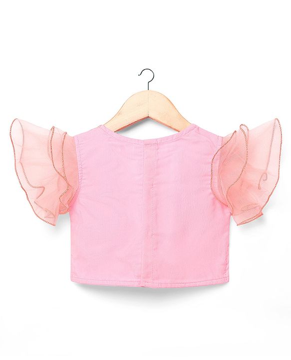 Babyhug  Woven Frill Sleeves Choli Lehenga Set & Dupatta with Sequin Design & Lace Detailing - Pink