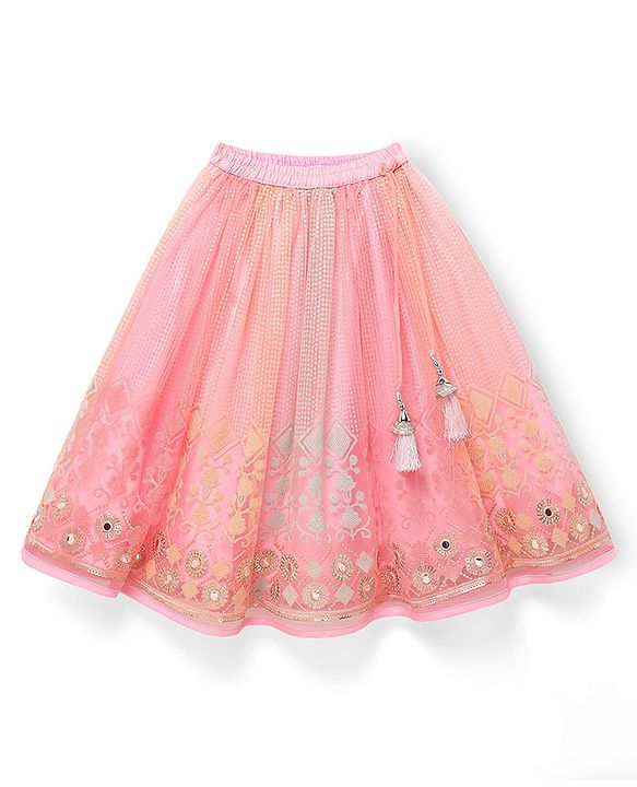 Babyhug  Woven Frill Sleeves Choli Lehenga Set & Dupatta with Sequin Design & Lace Detailing - Pink