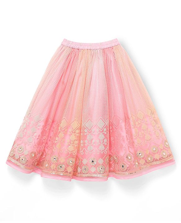 Babyhug  Woven Frill Sleeves Choli Lehenga Set & Dupatta with Sequin Design & Lace Detailing - Pink