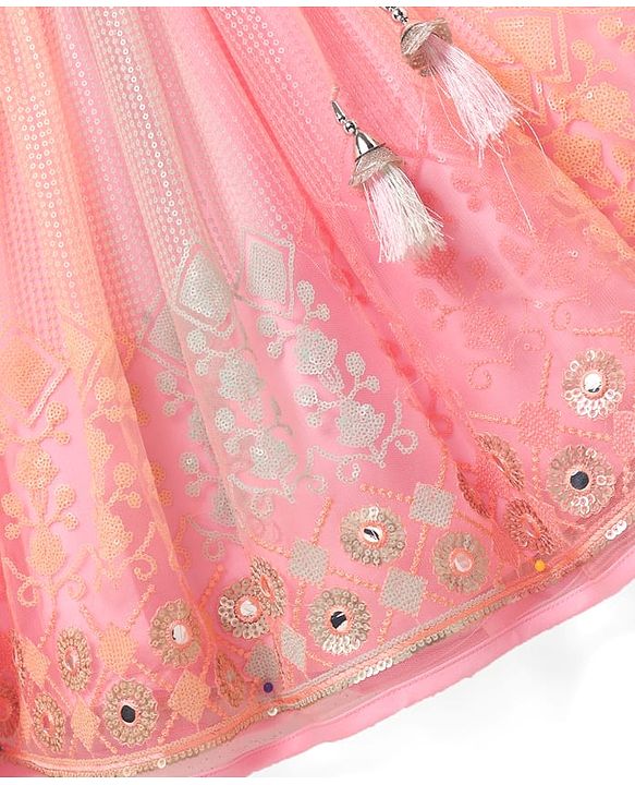 Babyhug  Woven Frill Sleeves Choli Lehenga Set & Dupatta with Sequin Design & Lace Detailing - Pink