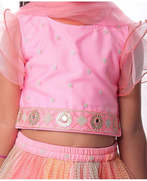 Babyhug  Woven Frill Sleeves Choli Lehenga Set & Dupatta with Sequin Design & Lace Detailing - Pink