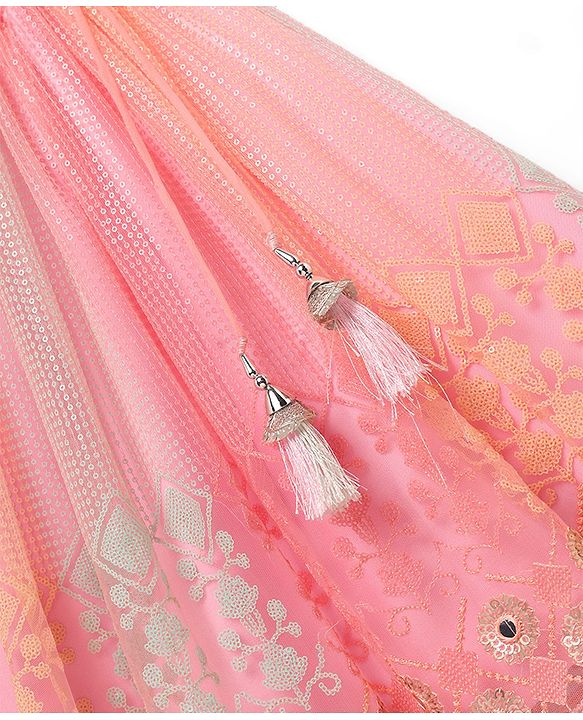 Babyhug  Woven Frill Sleeves Choli Lehenga Set & Dupatta with Sequin Design & Lace Detailing - Pink