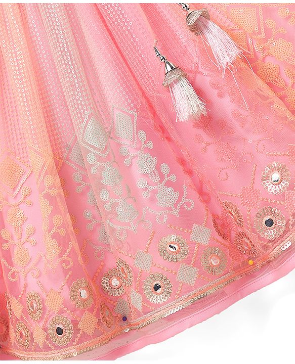 Babyhug  Woven Frill Sleeves Choli Lehenga Set & Dupatta with Sequin Design & Lace Detailing - Pink