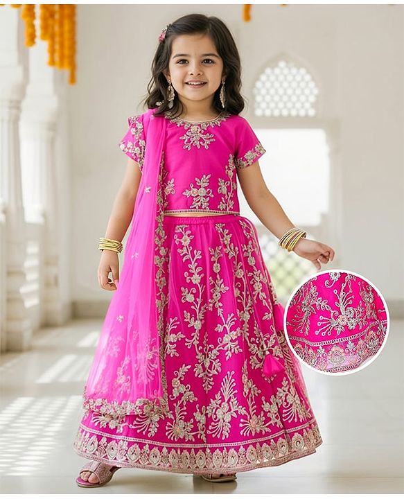Babyhug Woven Half Sleeves Embroidered Choli Lehenga & Dupatta Set - Fuschia