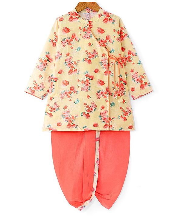 Babyhug Cotton Woven Full Sleeves Angarkha Style Kurta Dhoti Set Floral Print - Yellow