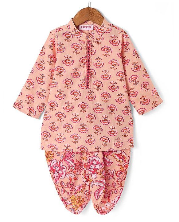 Babyhug Cotton Woven Full Sleeves Floral Printed Kurta Dhoti Set with Mirror Work Detailing - Peach