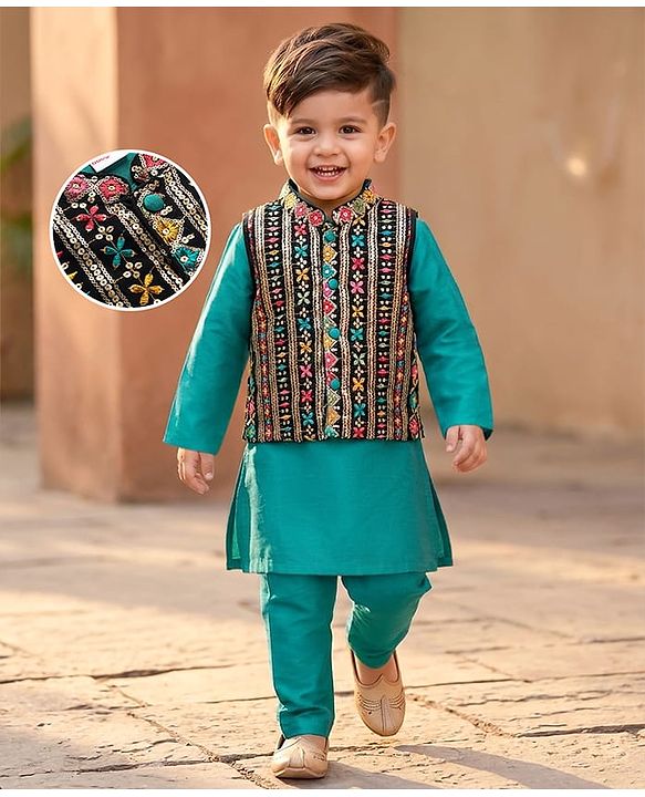 Babyhug Woven Full Sleeves Solid Colour Kurta Pyjama Set with Floral Embroidered Jacket - Teal Blue