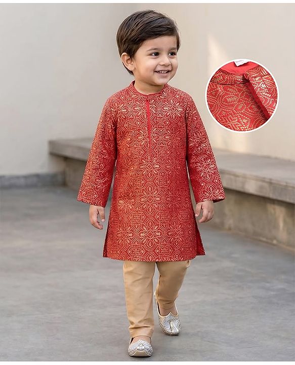 Babyhug Woven Full Sleeves Foil Printed Kurta Pyjama Set - Orange