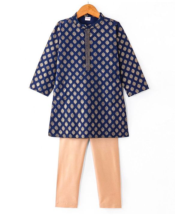 Babyhug Woven Full Sleeves Kurta Pyjama Set Brocade Print - Navy Blue