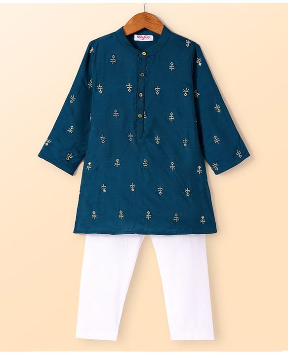 Babyhug Woven Full Sleeves Floral Embroidered Kurta Pyjama Set - Navy Blue