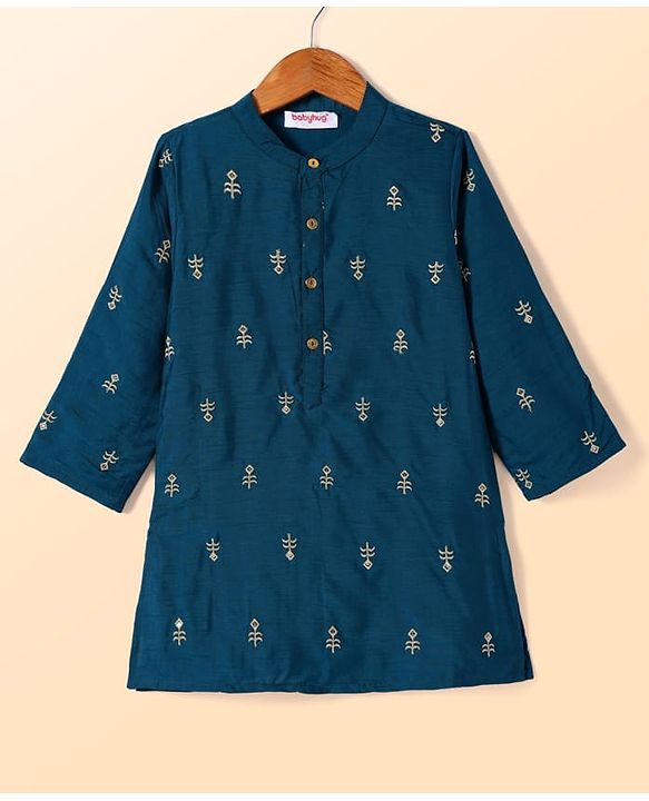 Babyhug Woven Full Sleeves Floral Embroidered Kurta Pyjama Set - Navy Blue