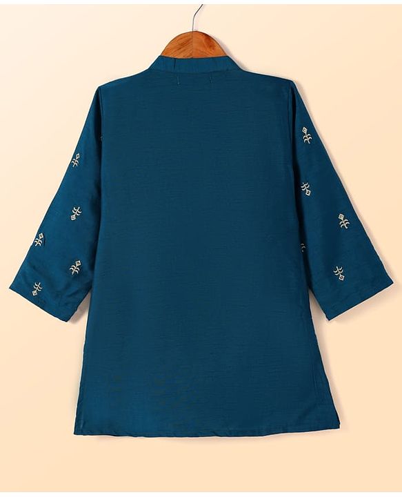 Babyhug Woven Full Sleeves Floral Embroidered Kurta Pyjama Set - Navy Blue