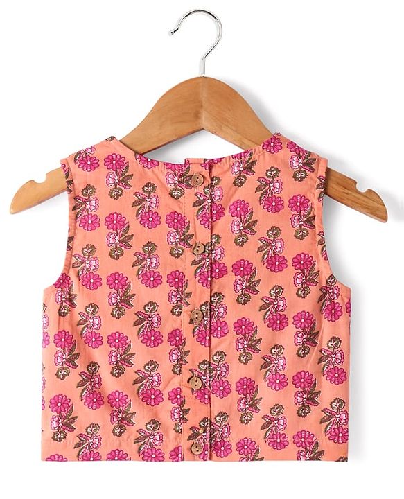 Babyhug Cotton Woven Sleeveless  Floral Printed Choli Lehenga & Dupatta Set with Lace Detailing - Peach