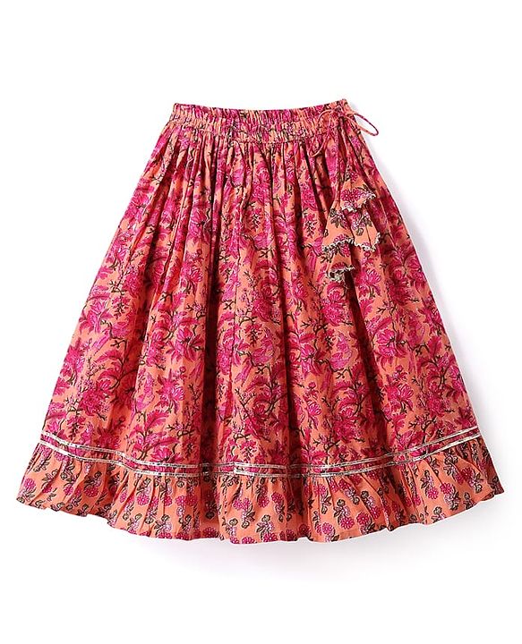 Babyhug Cotton Woven Sleeveless  Floral Printed Choli Lehenga & Dupatta Set with Lace Detailing - Peach
