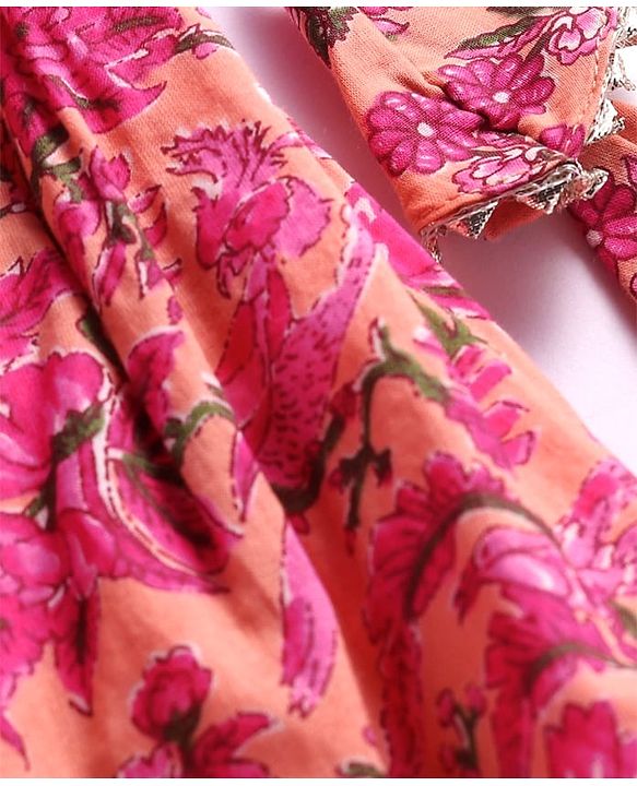 Babyhug Cotton Woven Sleeveless  Floral Printed Choli Lehenga & Dupatta Set with Lace Detailing - Peach