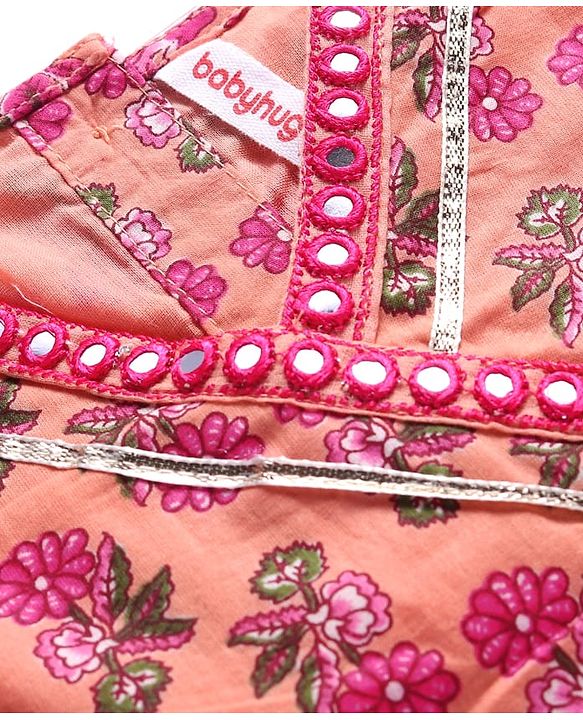 Babyhug Cotton Woven Sleeveless  Floral Printed Choli Lehenga & Dupatta Set with Lace Detailing - Peach