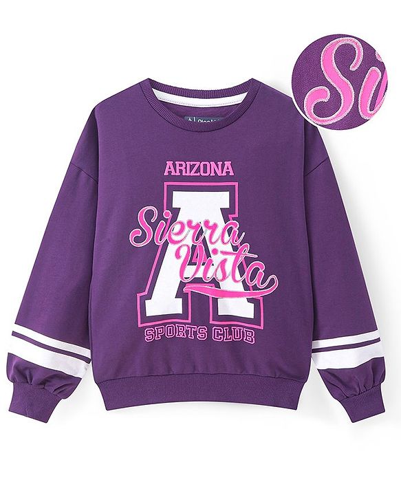 Pine Kids Cotton Knit Full Drop Shoulder Sleeves Sweatshirt with Text Print - Purple