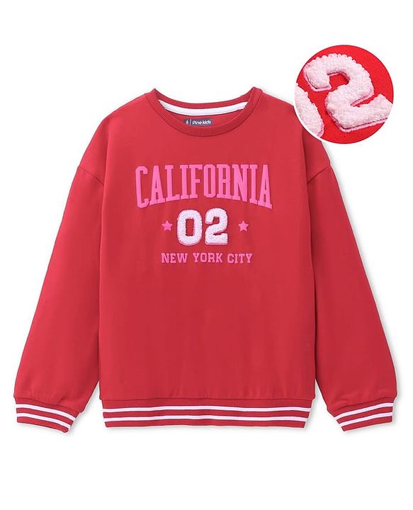 Pine Kids Cotton Knit Full Sleeves Drop Shoulder Sweatshirt with Text Print & Embroidery - Red