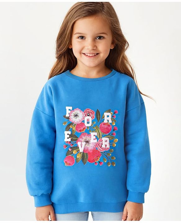 Pine Kids Cotton Knit Full Sleeves Drop Shoulder Sweatshirt with Text & Floral Print - Blue