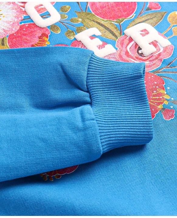 Pine Kids Cotton Knit Full Sleeves Drop Shoulder Sweatshirt with Text & Floral Print - Blue