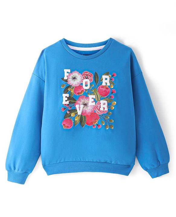 Pine Kids Cotton Knit Full Sleeves Drop Shoulder Sweatshirt with Text & Floral Print - Blue