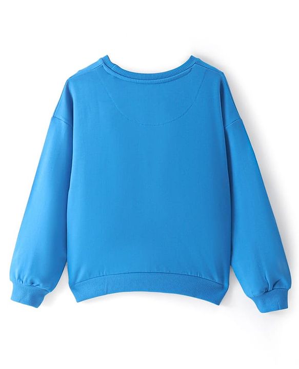 Pine Kids Cotton Knit Full Sleeves Drop Shoulder Sweatshirt with Text & Floral Print - Blue