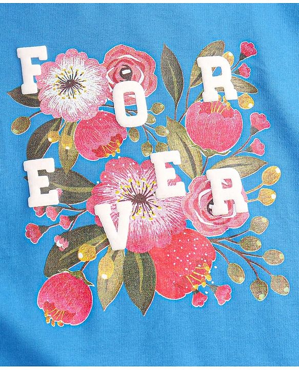 Pine Kids Cotton Knit Full Sleeves Drop Shoulder Sweatshirt with Text & Floral Print - Blue