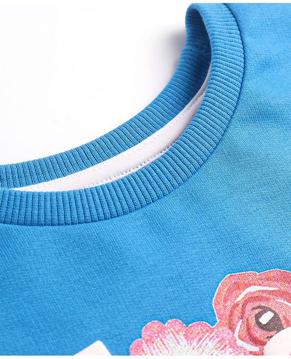 Pine Kids Cotton Knit Full Sleeves Drop Shoulder Sweatshirt with Text & Floral Print - Blue