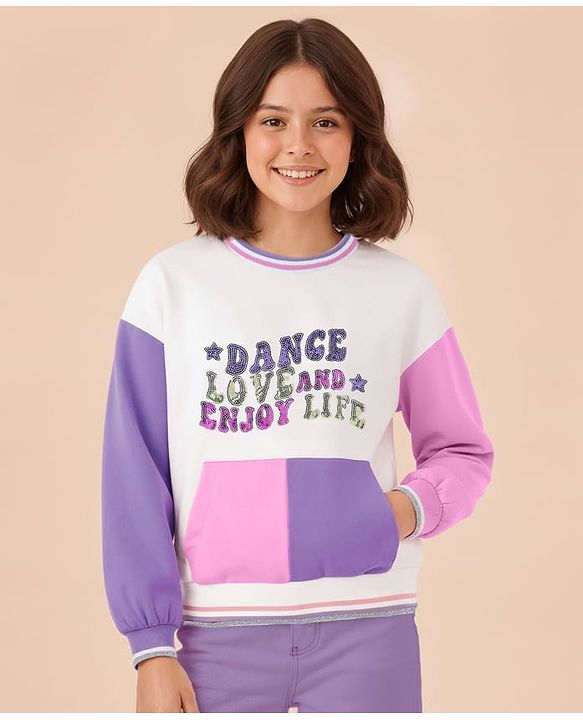 Pine Kids Cotton Knit Full Drop Shoulder Sleeves Sweatshirt with Sequin Text Embroidery & Kangaroo Pockets - White Pink & Purple