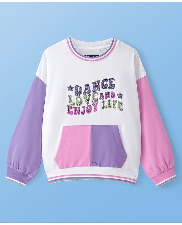 Pine Kids Cotton Knit Full Drop Shoulder Sleeves Sweatshirt with Sequin Text Embroidery & Kangaroo Pockets - White Pink & Purple
