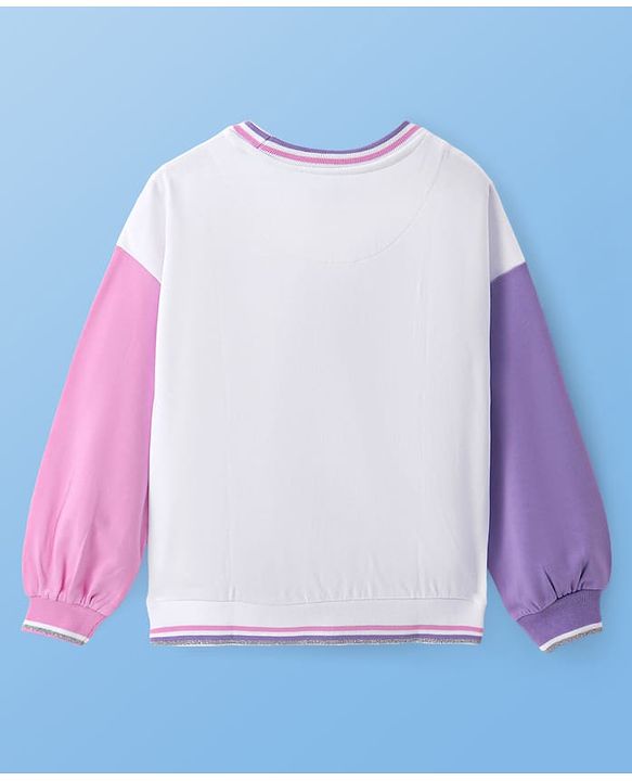 Pine Kids Cotton Knit Full Drop Shoulder Sleeves Sweatshirt with Sequin Text Embroidery & Kangaroo Pockets - White Pink & Purple
