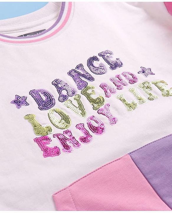 Pine Kids Cotton Knit Full Drop Shoulder Sleeves Sweatshirt with Sequin Text Embroidery & Kangaroo Pockets - White Pink & Purple