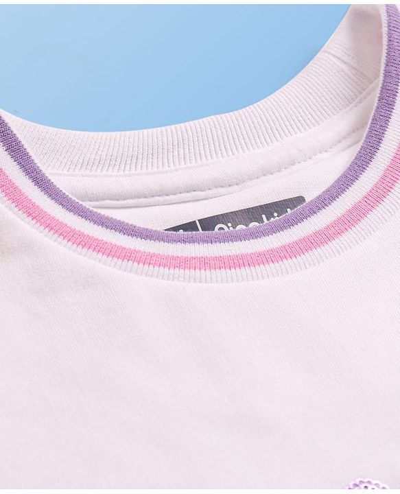 Pine Kids Cotton Knit Full Drop Shoulder Sleeves Sweatshirt with Sequin Text Embroidery & Kangaroo Pockets - White Pink & Purple