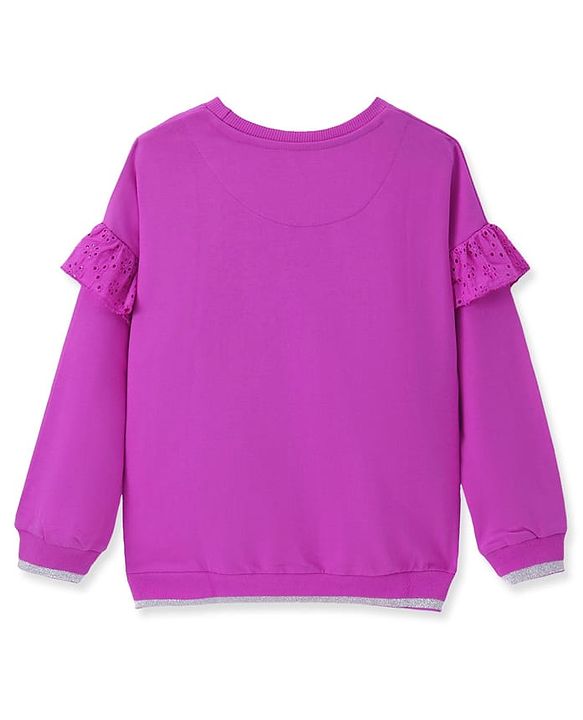 Pine Kids Cotton Knit Full Sleeves Drop Shoulder Sweatshirt with Floral Print & Frill Detailing - Purple