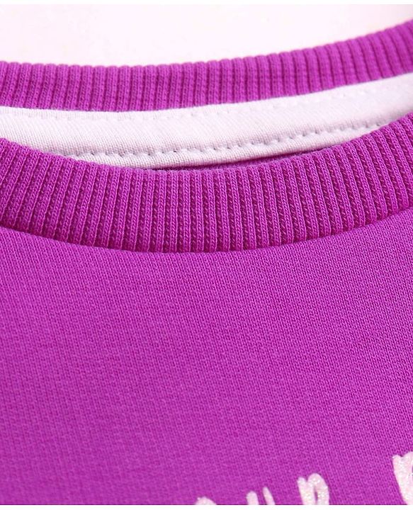 Pine Kids Cotton Knit Full Sleeves Drop Shoulder Sweatshirt with Floral Print & Frill Detailing - Purple