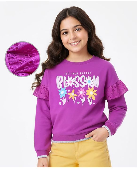 Pine Kids Cotton Knit Full Sleeves Drop Shoulder Sweatshirt with Floral Print & Frill Detailing - Purple