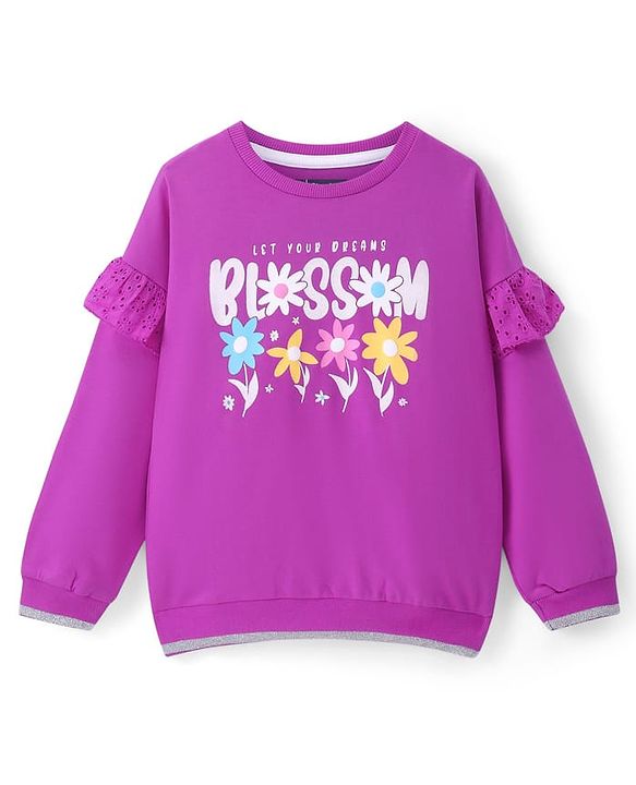 Pine Kids Cotton Knit Full Sleeves Drop Shoulder Sweatshirt with Floral Print & Frill Detailing - Purple