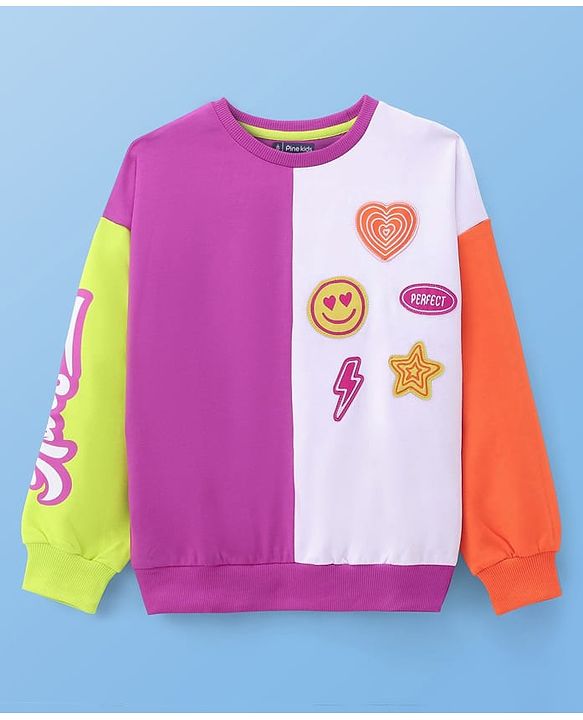 Pine Kids Cotton Knit Full Sleeves Drop Shoulder Sweatshirt with Cut & Sew Design & Patch Detailing - Multicolour
