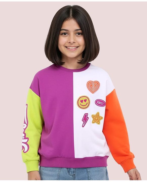 Pine Kids Cotton Knit Full Sleeves Drop Shoulder Sweatshirt with Cut & Sew Design & Patch Detailing - Multicolour