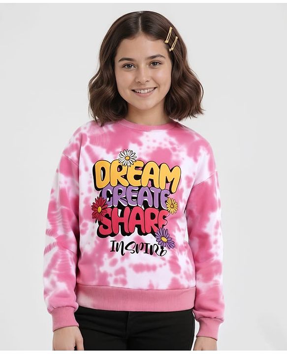 Pine Kids Cotton Knit Full Sleeves Pullover Sweatshirt with Tie & Dye Design & Text Print - Pink