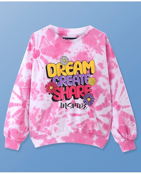Pine Kids Cotton Knit Full Sleeves Pullover Sweatshirt with Tie & Dye Design & Text Print - Pink