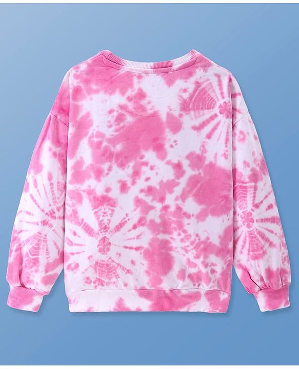 Pine Kids Cotton Knit Full Sleeves Pullover Sweatshirt with Tie & Dye Design & Text Print - Pink