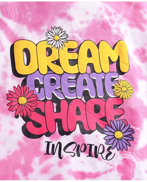 Pine Kids Cotton Knit Full Sleeves Pullover Sweatshirt with Tie & Dye Design & Text Print - Pink