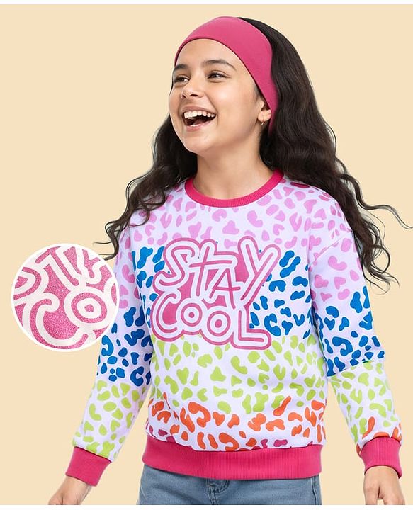 Pine Kids Cotton Knit Full Sleeves Drop Shoulder Gilter Text & Abstract Printed Sweatshirt - Pink