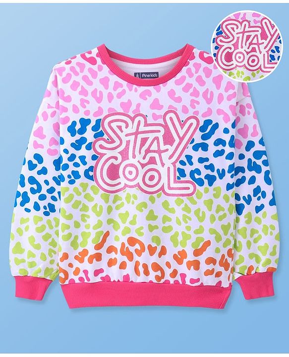 Pine Kids Cotton Knit Full Sleeves Drop Shoulder Gilter Text & Abstract Printed Sweatshirt - Pink