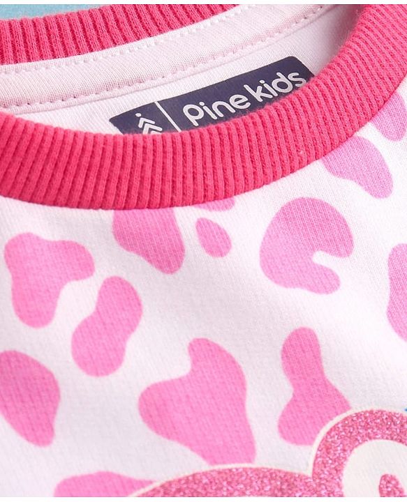 Pine Kids Cotton Knit Full Sleeves Drop Shoulder Gilter Text & Abstract Printed Sweatshirt - Pink