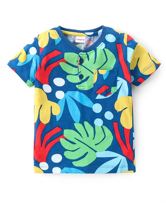 Babyhug Cotton Knit Half Sleeves Henley Neck T-Shirt With Tropical Theme Print - Navy Blue