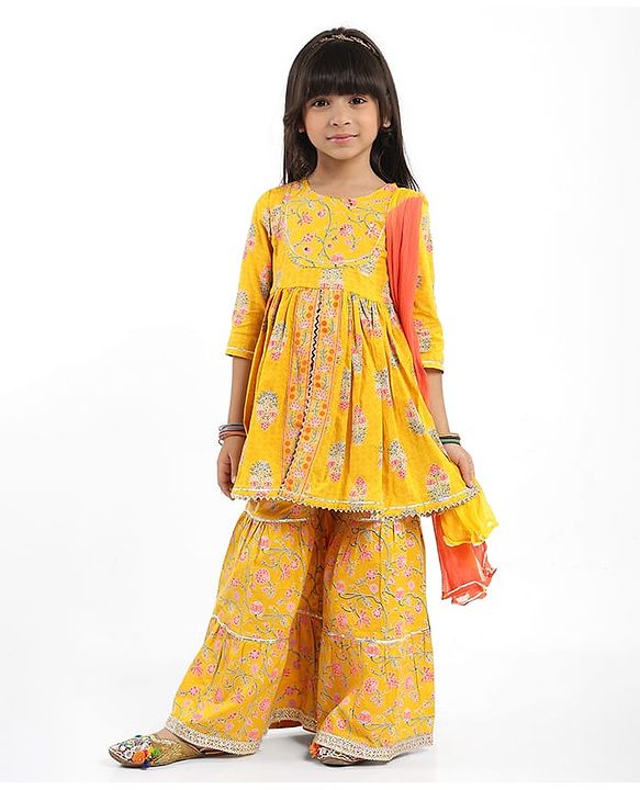 Babyhug Cotton Woven Three Fourth Sleeves Floral Printed Kurti Gharara Set with Dupatta & Lace Detailing - Yellow