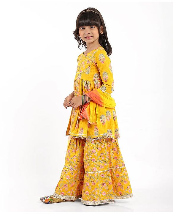 Babyhug Cotton Woven Three Fourth Sleeves Floral Printed Kurti Gharara Set with Dupatta & Lace Detailing - Yellow