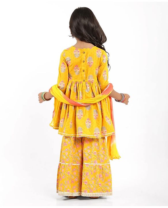 Babyhug Cotton Woven Three Fourth Sleeves Floral Printed Kurti Gharara Set with Dupatta & Lace Detailing - Yellow